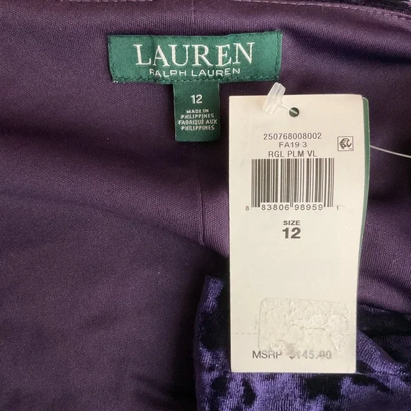 Lauren Ralph Lauren Size 12 Purple Velvet Sheath Surplice Faux Wrap Tie Dress - Picture 7 of 10